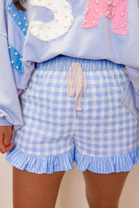 Gingham (Blue) Ruffled Bottom Shorts with Lace Drawstring
