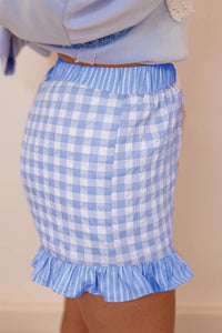 Gingham (Blue) Ruffled Bottom Shorts with Lace Drawstring