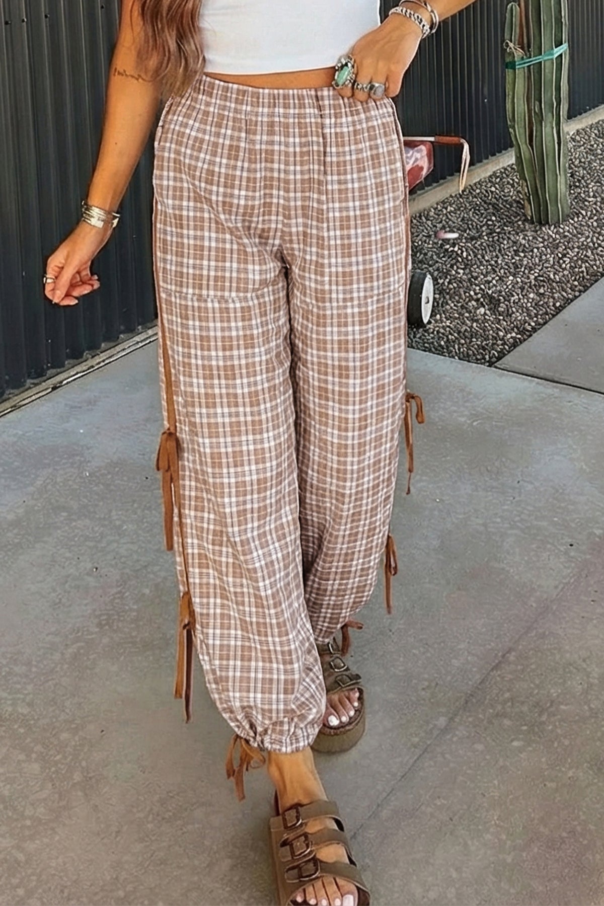 Brown Plaid Casual Pants w/Elastic Waist, Pockets & Peek A Boo Bottoms