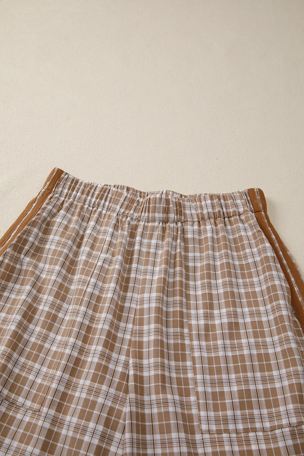 Brown Plaid Casual Pants w/Elastic Waist, Pockets & Peek A Boo Bottoms