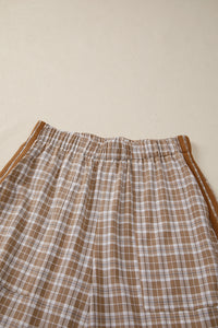 Brown Plaid Casual Pants w/Elastic Waist, Pockets & Peek A Boo Bottoms