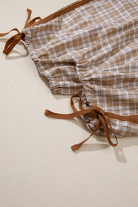 Brown Plaid Casual Pants w/Elastic Waist, Pockets & Peek A Boo Bottoms
