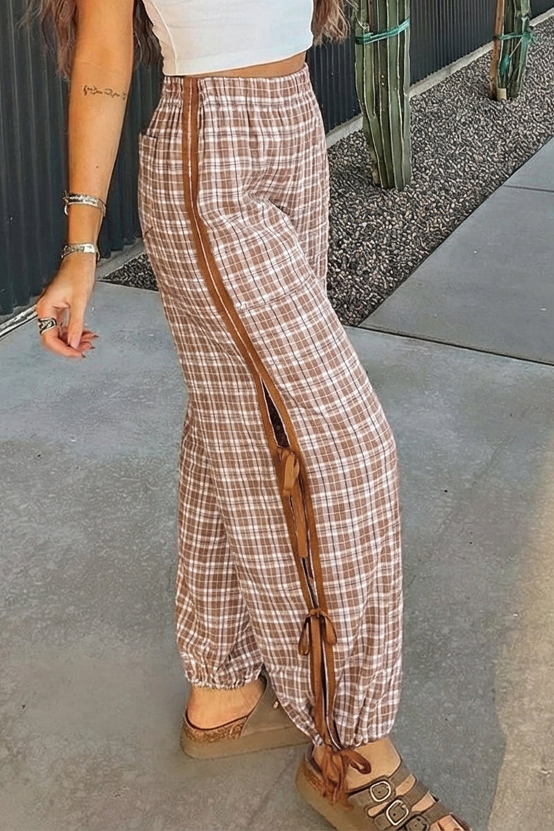 Brown Plaid Casual Pants w/Elastic Waist, Pockets & Peek A Boo Bottoms