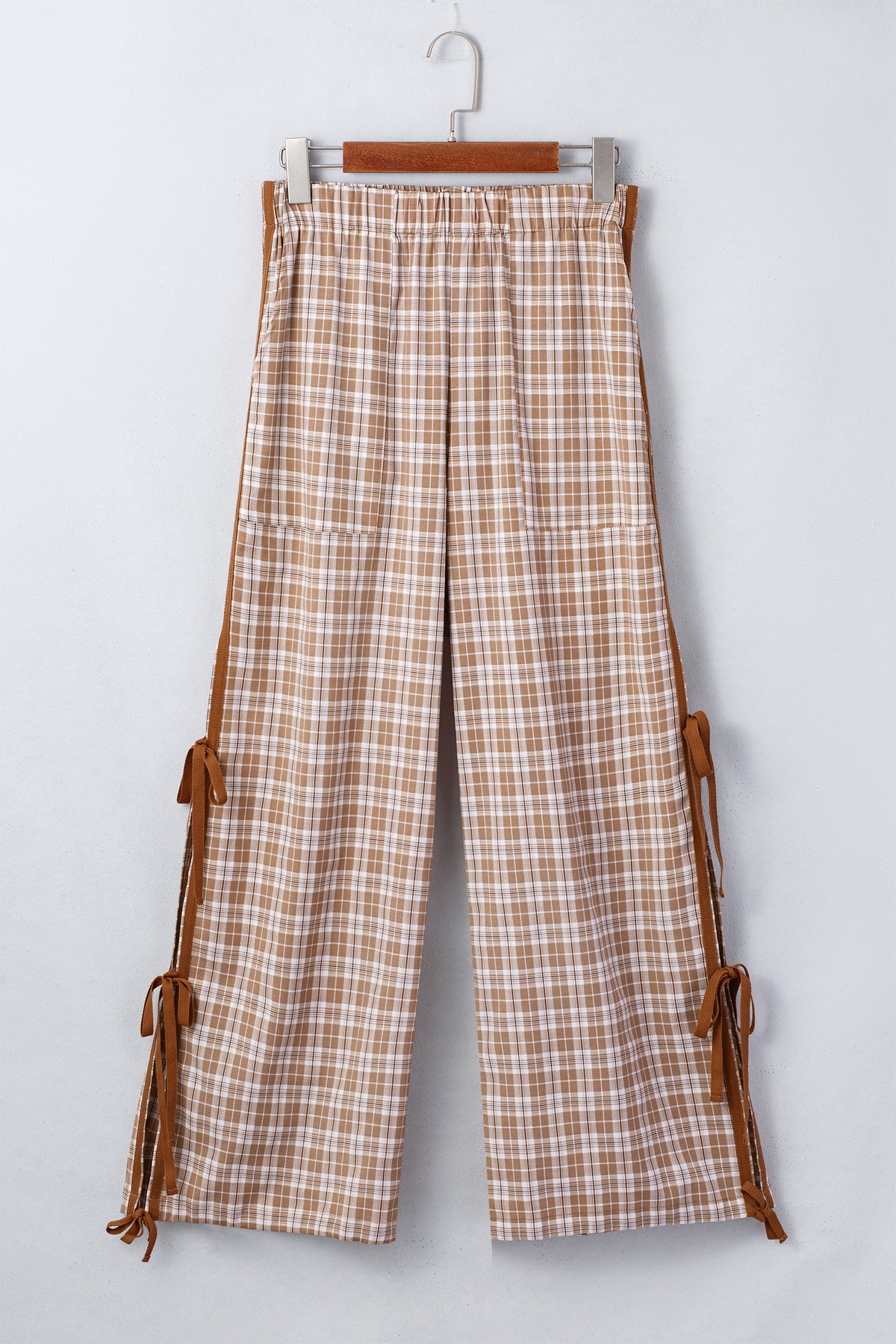 Brown Plaid Casual Pants w/Elastic Waist, Pockets & Peek A Boo Bottoms