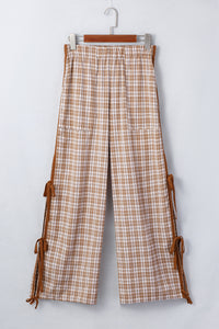 Brown Plaid Casual Pants w/Elastic Waist, Pockets & Peek A Boo Bottoms