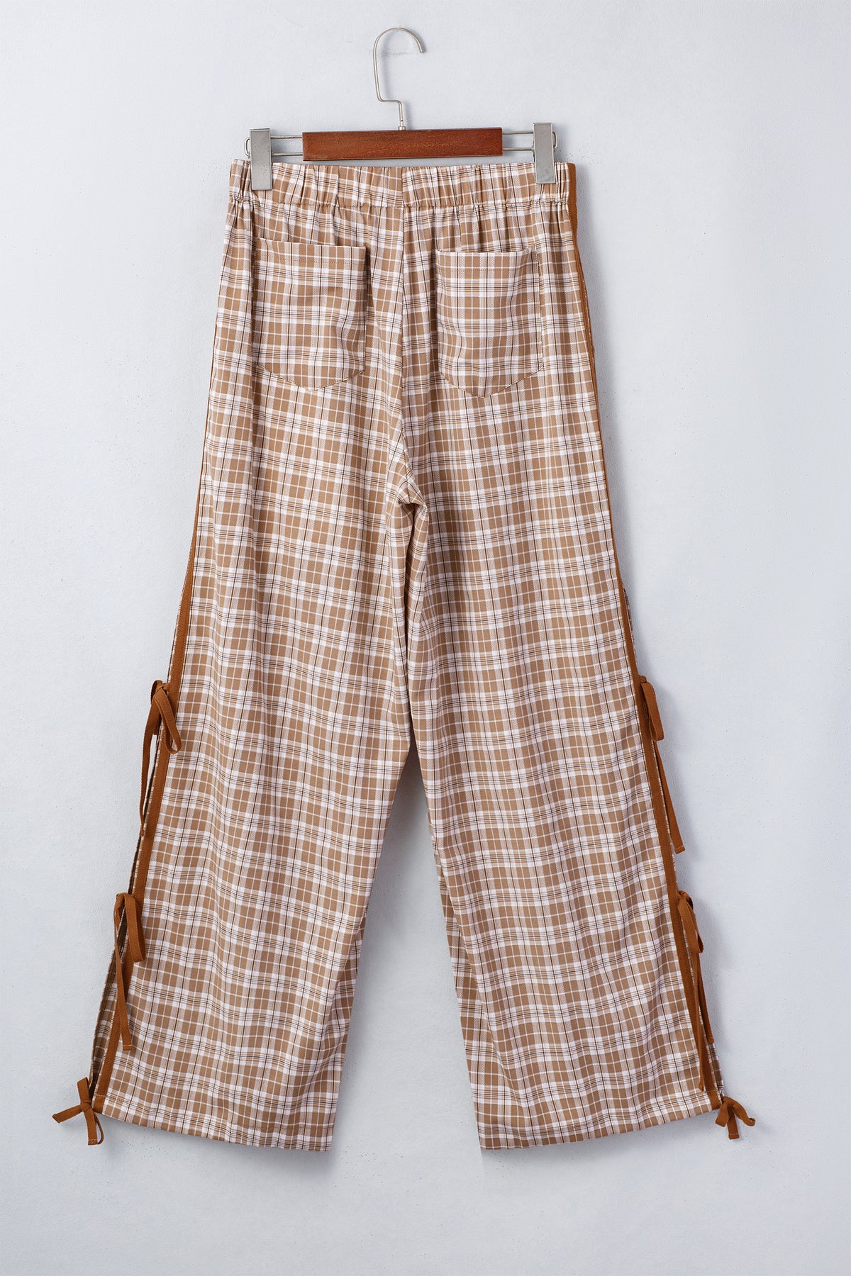 Brown Plaid Casual Pants w/Elastic Waist, Pockets & Peek A Boo Bottoms