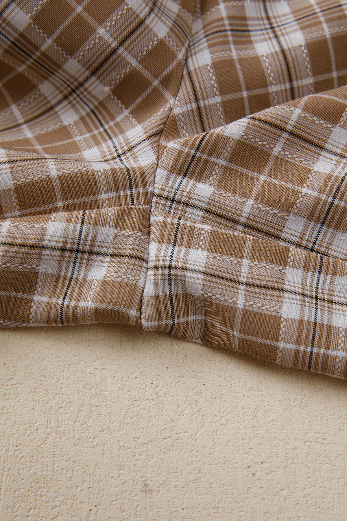 Brown Plaid Casual Pants w/Elastic Waist, Pockets & Peek A Boo Bottoms