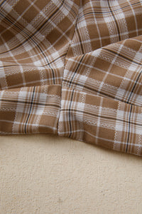 Brown Plaid Casual Pants w/Elastic Waist, Pockets & Peek A Boo Bottoms