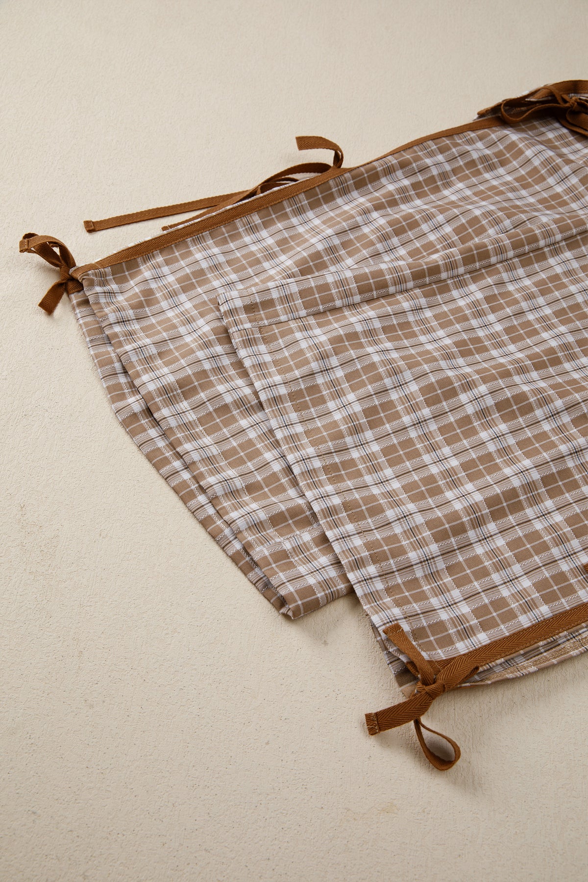 Brown Plaid Casual Pants w/Elastic Waist, Pockets & Peek A Boo Bottoms