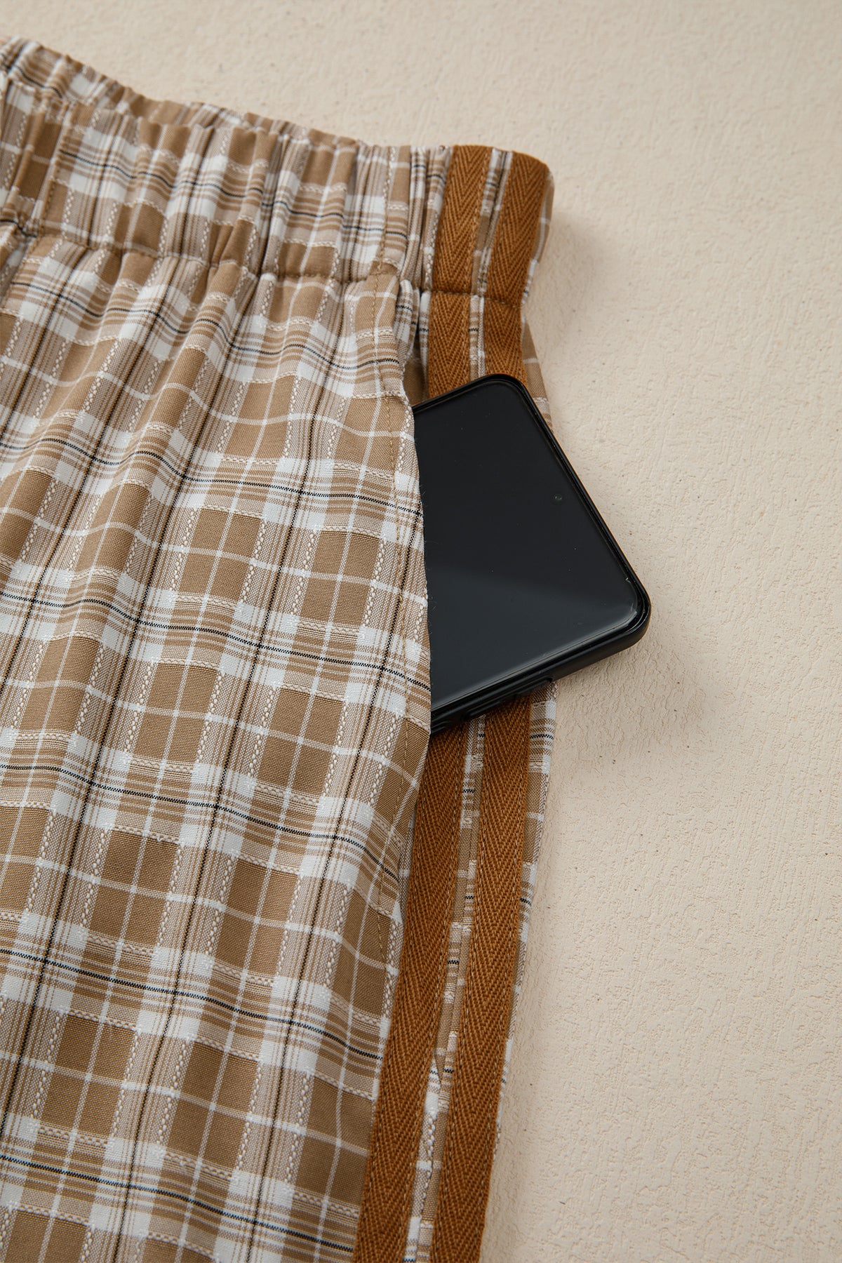 Brown Plaid Casual Pants w/Elastic Waist, Pockets & Peek A Boo Bottoms
