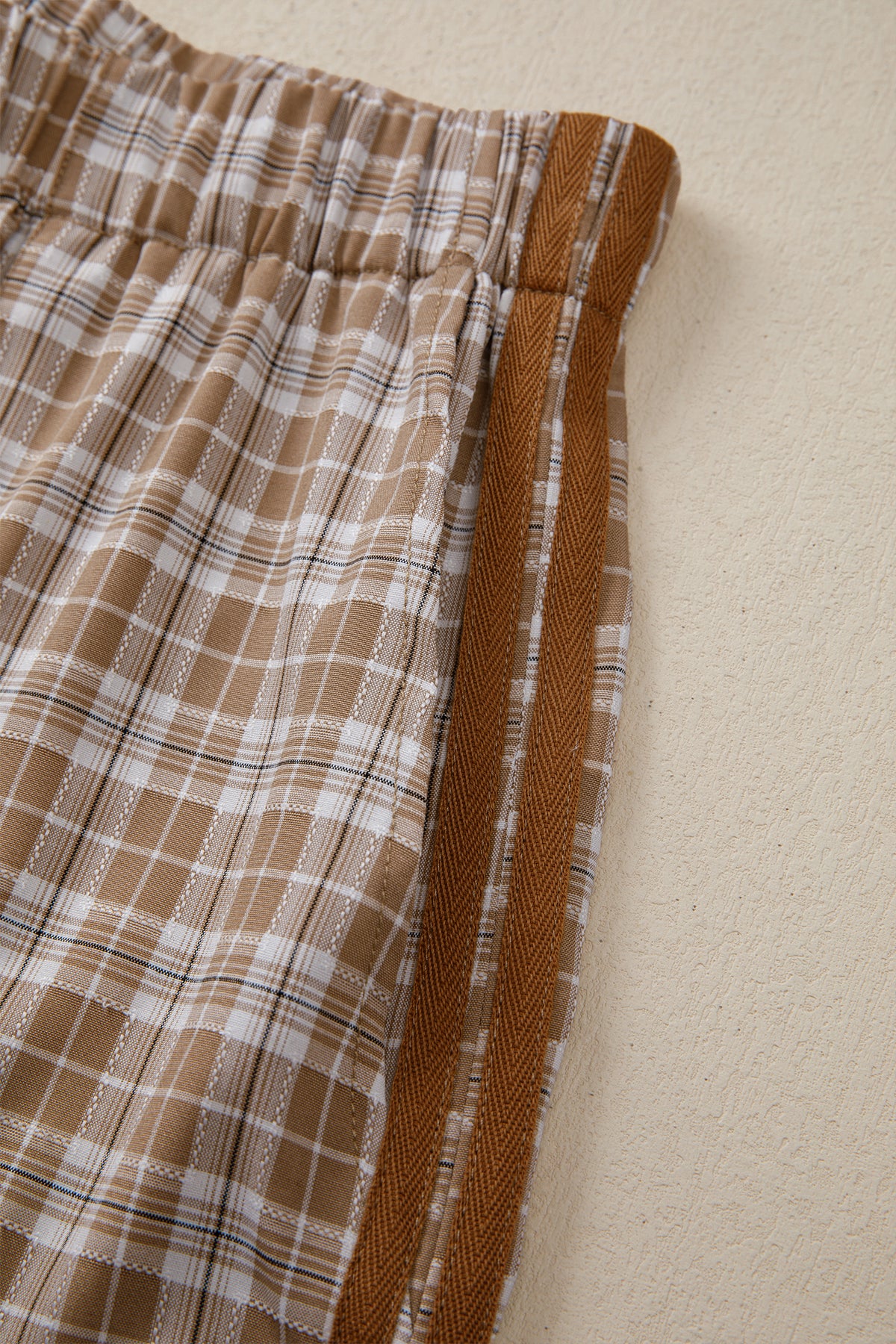 Brown Plaid Casual Pants w/Elastic Waist, Pockets & Peek A Boo Bottoms