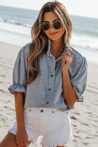 Denim Blue Puff Sleeve Button-Up Ruffle Top