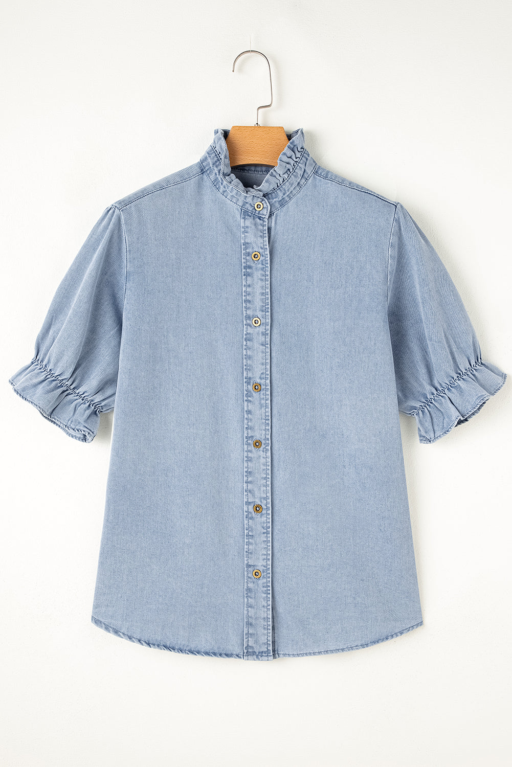 Denim Blue Puff Sleeve Button-Up Ruffle Top