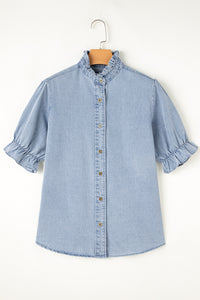 Denim Blue Puff Sleeve Button-Up Ruffle Top