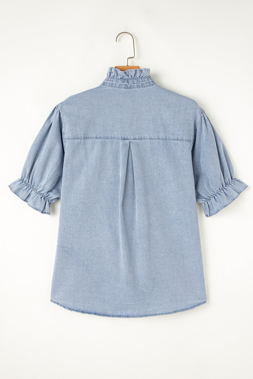 Denim Blue Puff Sleeve Button-Up Ruffle Top
