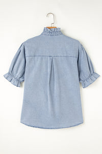 Denim Blue Puff Sleeve Button-Up Ruffle Top