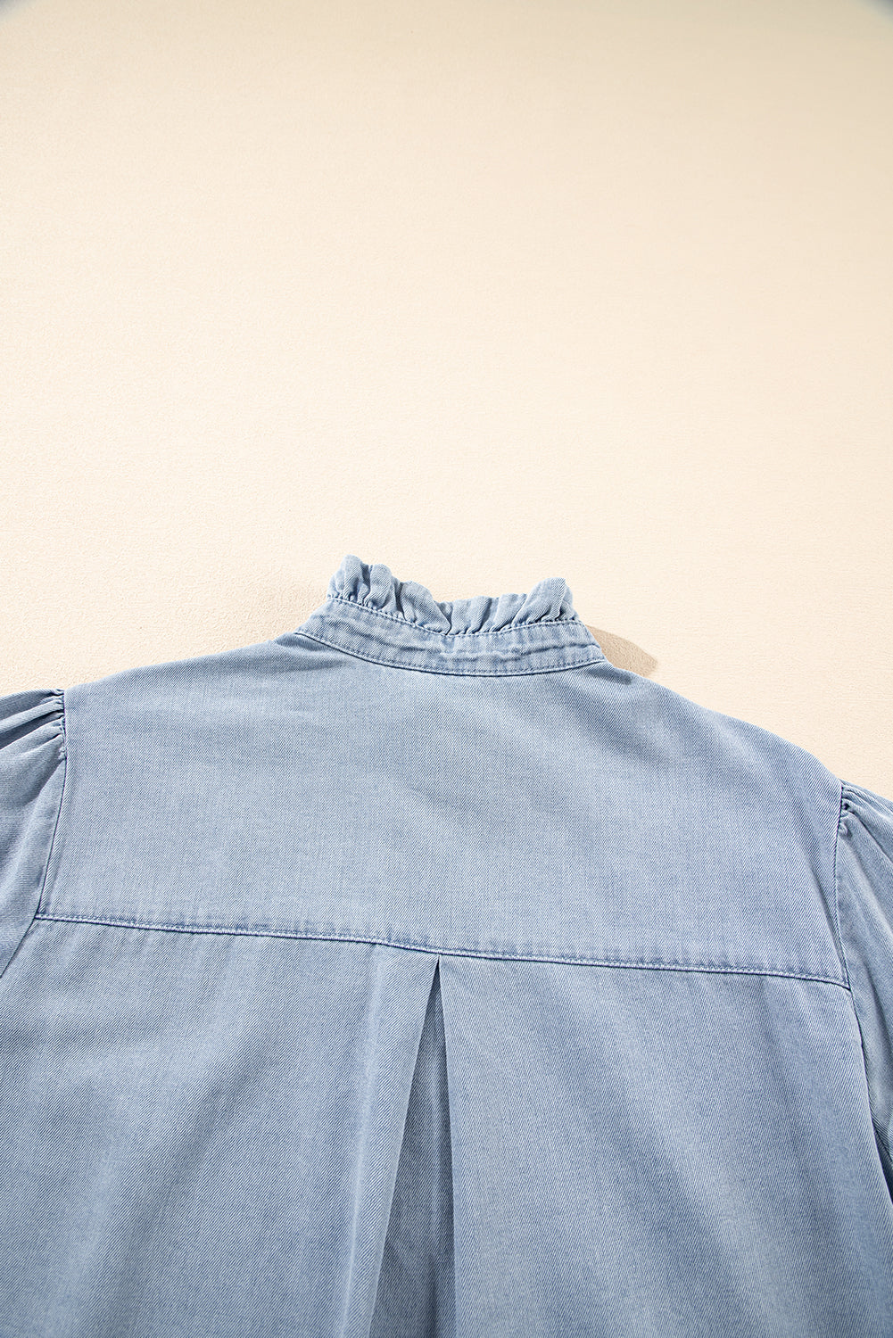Denim Blue Puff Sleeve Button-Up Ruffle Top
