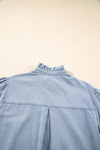 Denim Blue Puff Sleeve Button-Up Ruffle Top