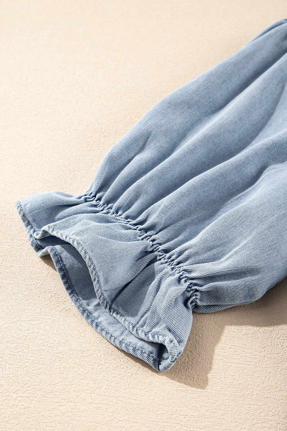 Denim Blue Puff Sleeve Button-Up Ruffle Top