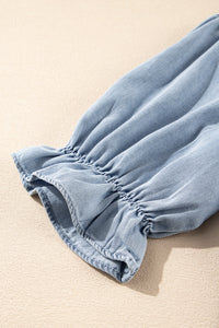 Denim Blue Puff Sleeve Button-Up Ruffle Top