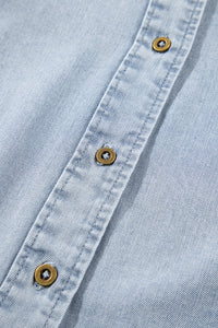 Denim Blue Puff Sleeve Button-Up Ruffle Top