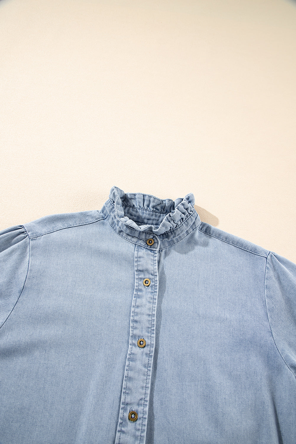 Denim Blue Puff Sleeve Button-Up Ruffle Top