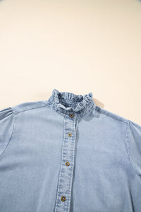 Denim Blue Puff Sleeve Button-Up Ruffle Top