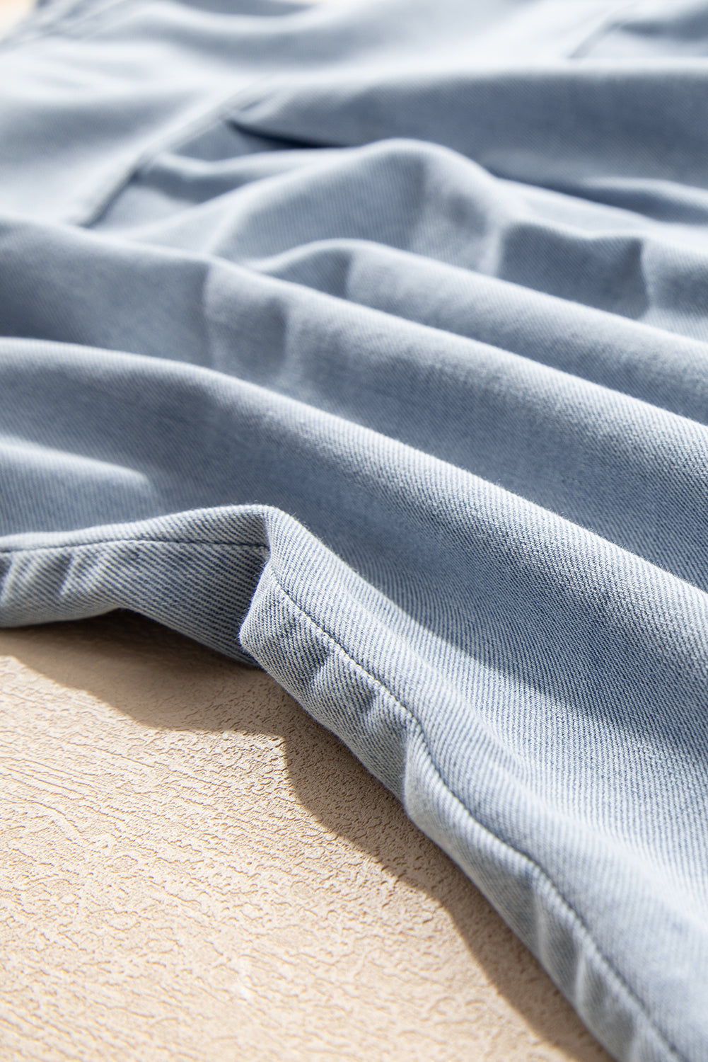Denim Blue Puff Sleeve Button-Up Ruffle Top