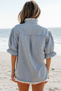 Denim Blue Puff Sleeve Button-Up Ruffle Top