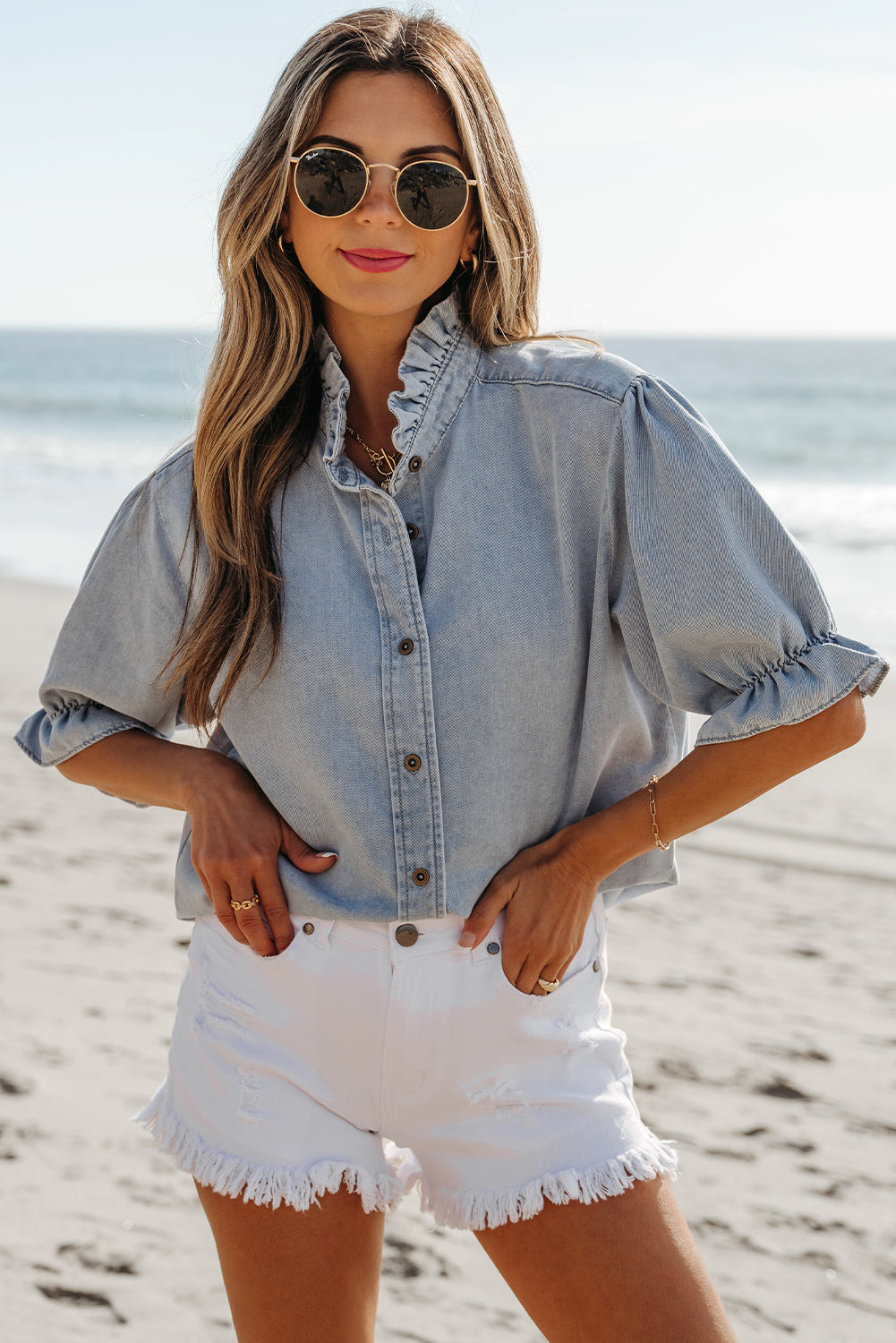 Denim Blue Puff Sleeve Button-Up Ruffle Top