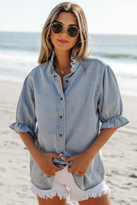 Denim Blue Puff Sleeve Button-Up Ruffle Top