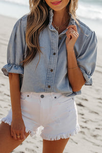 Denim Blue Puff Sleeve Button-Up Ruffle Top