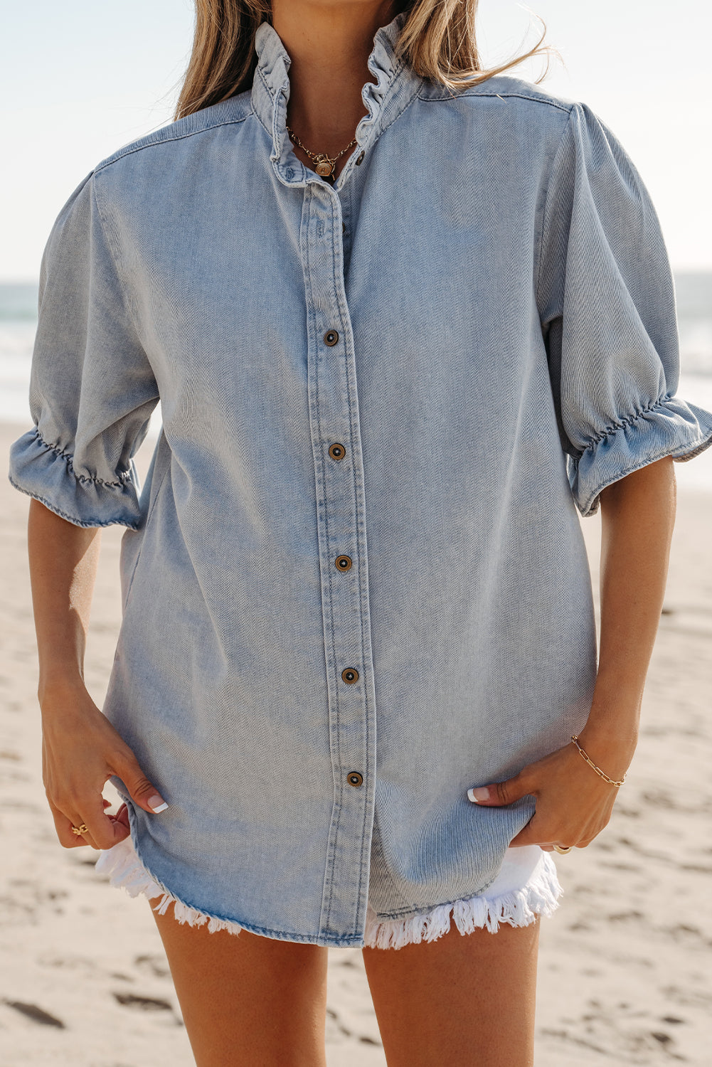 Denim Blue Puff Sleeve Button-Up Ruffle Top