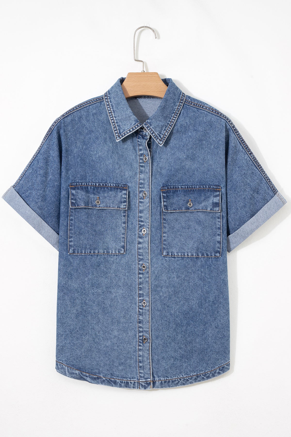 Blue Jean Cuffed Short Sleeve Denim Shirt with Chest Pockets