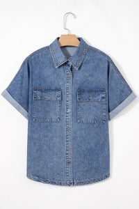 Blue Jean Cuffed Short Sleeve Denim Shirt with Chest Pockets