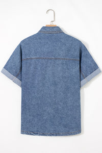 Blue Jean Cuffed Short Sleeve Denim Shirt with Chest Pockets