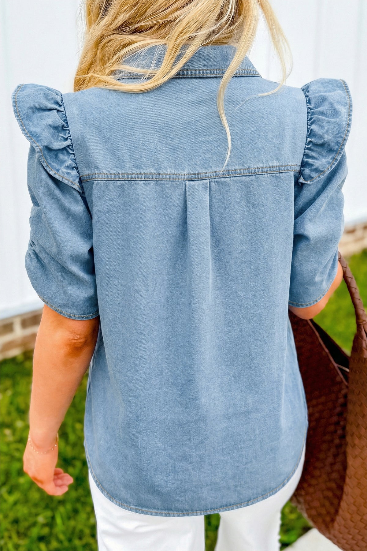 Charlene Denim Puff Sleeve Button-Up Top