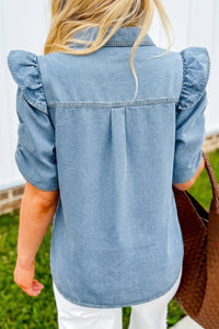 Charlene Denim Puff Sleeve Button-Up Top