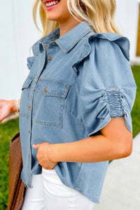 Charlene Denim Puff Sleeve Button-Up Top