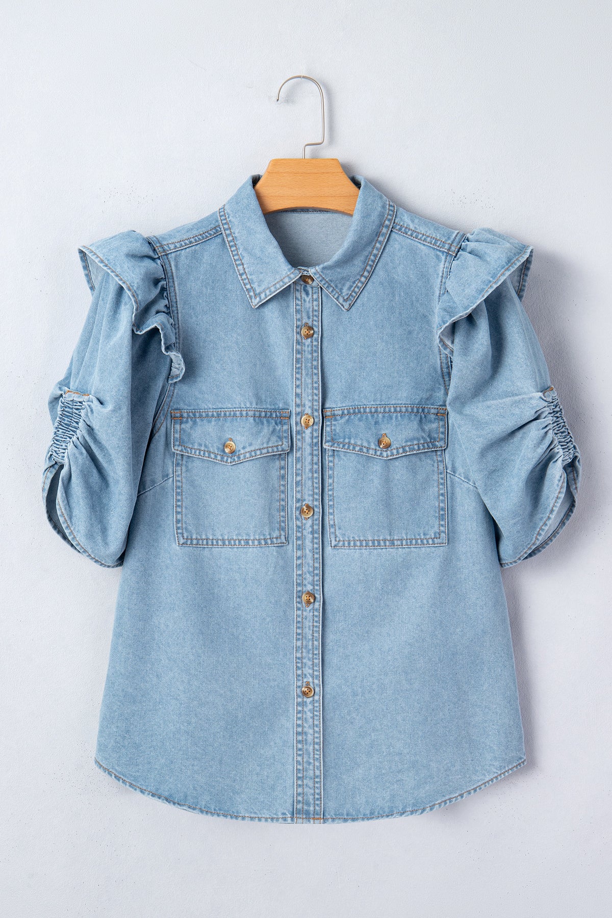 Charlene Denim Puff Sleeve Button-Up Top