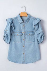 Charlene Denim Puff Sleeve Button-Up Top