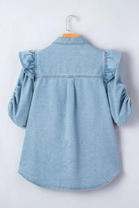 Charlene Denim Puff Sleeve Button-Up Top
