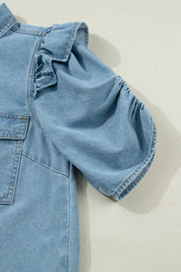 Charlene Denim Puff Sleeve Button-Up Top