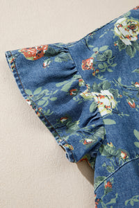 Lightweight Floral Denim Top with Ruffled Sleeves