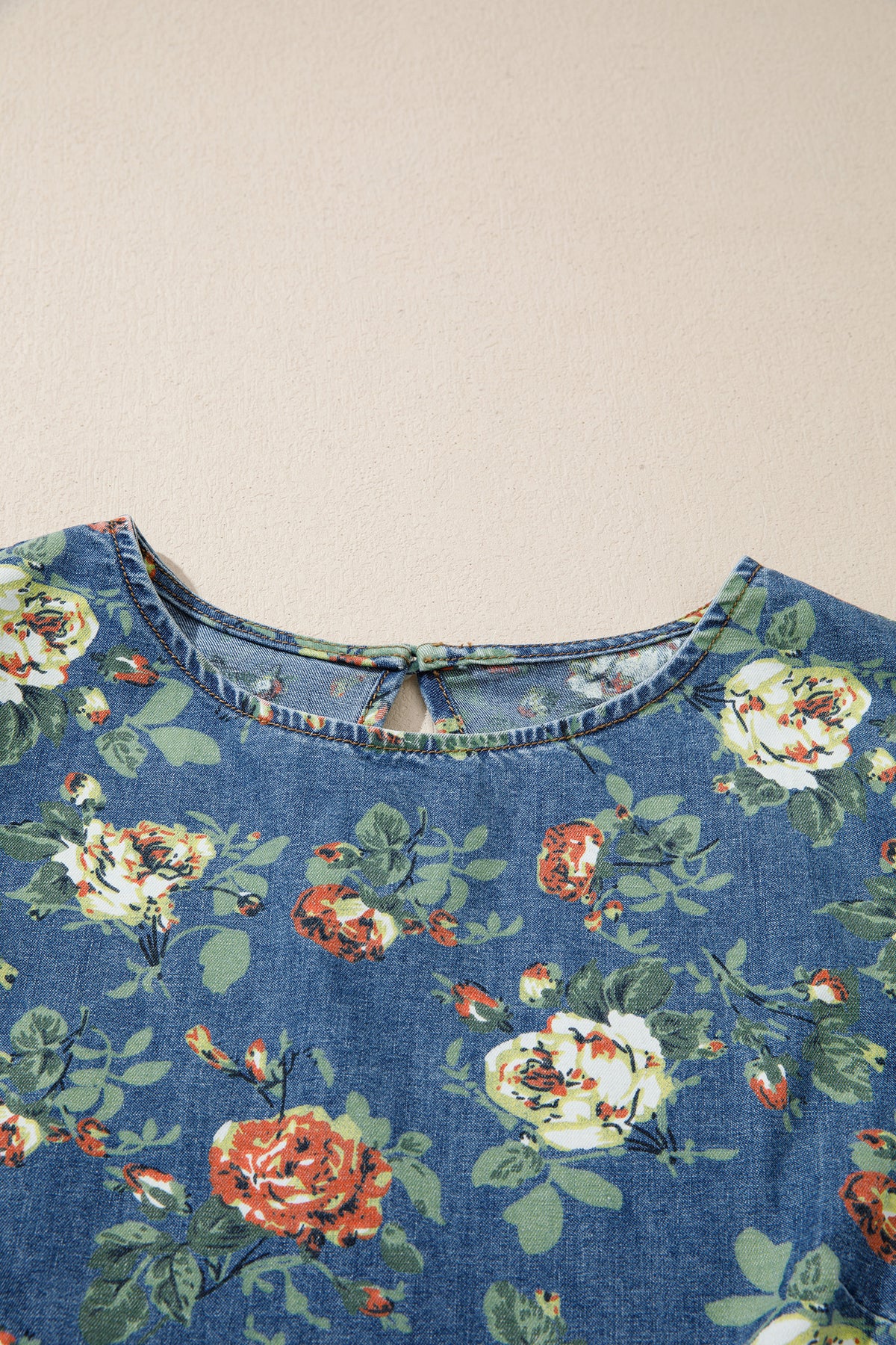 Lightweight Floral Denim Top with Ruffled Sleeves