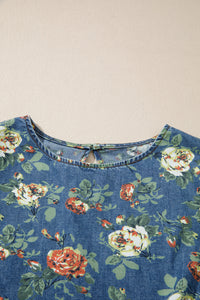 Lightweight Floral Denim Top with Ruffled Sleeves