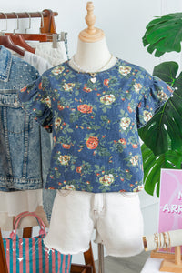 Lightweight Floral Denim Top with Ruffled Sleeves