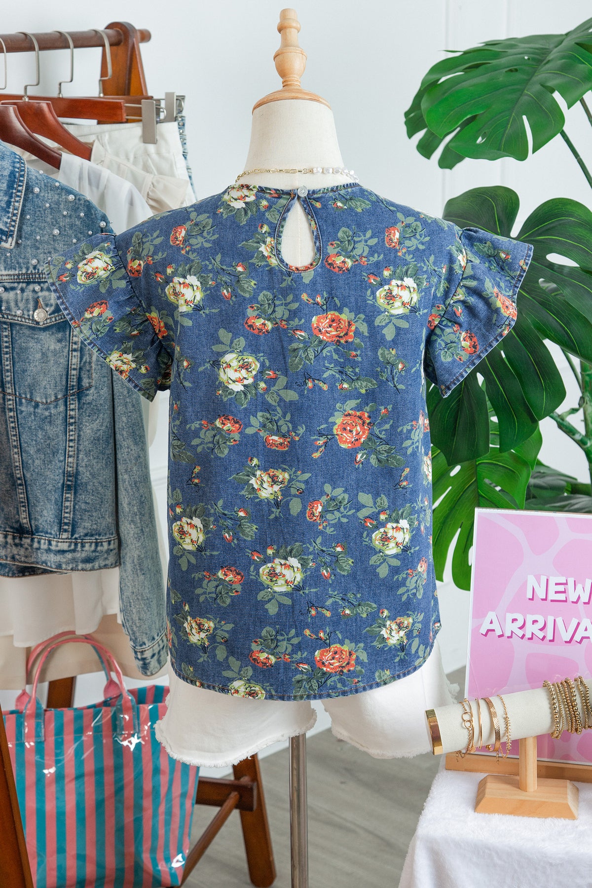 Lightweight Floral Denim Top with Ruffled Sleeves