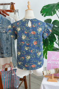 Lightweight Floral Denim Top with Ruffled Sleeves