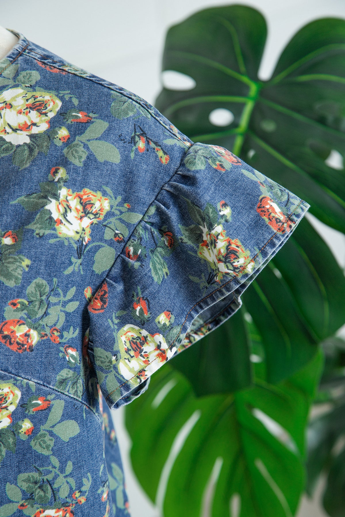 Lightweight Floral Denim Top with Ruffled Sleeves